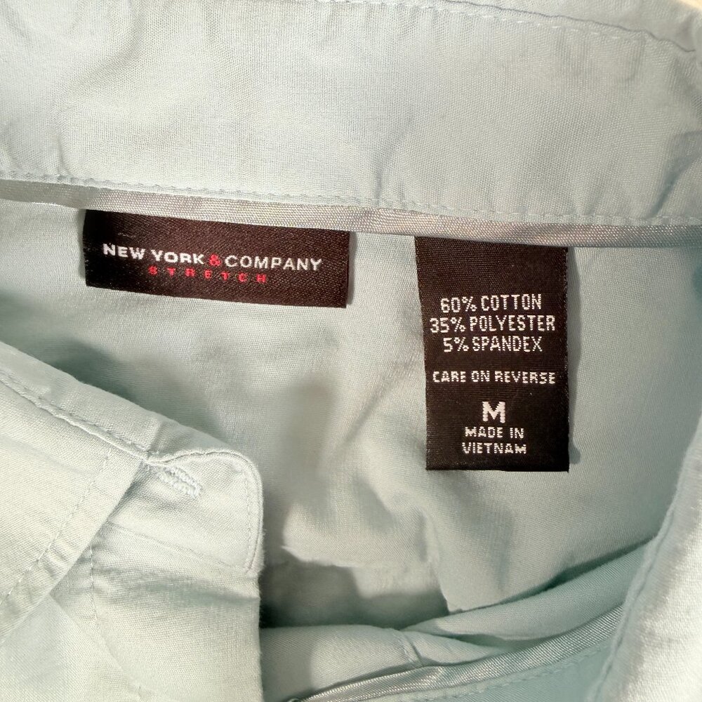 New York & Company Stretch Blue Solid Long Sleeve Button-Up Women's Medium - Picture 2 of 6
